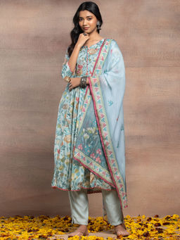 Indya - Blue Floral Print Chanderi Anarkali Kurta with Pant and Dupatta (Set of 3)