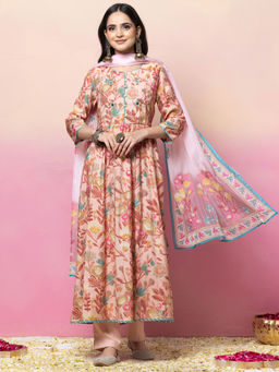 Indya - Pink Botanical Print Muslin Anarkali Kurta with Pant and Dupatta (Set of 3)