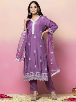 Indya - Purple Thread Embroidered Muslin Kurta with Pant and Organza Dupatta (Set of 3)