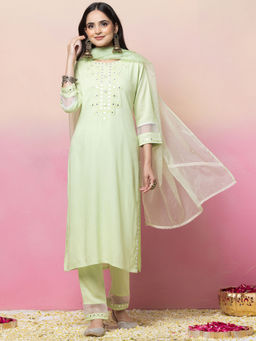 Indya - Pastel Green Thread Embroidered Rayon Kurta with Pant and Organza Dupatta (Set of 3)