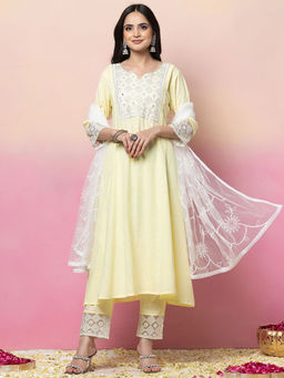 Indya - Light Yellow Embroidered Rayon Anarkali Kurta with Pant and Dupatta (Set of 3)