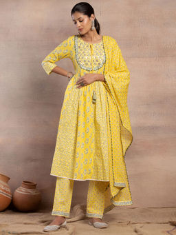 Indya - Yellow Floral Print Embroidered Anarkali Kurta with Pant and Dupatta (Set of 3)