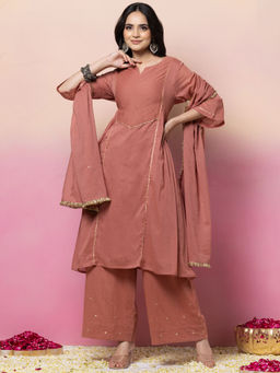 Indya - Rust Cotton A-Line Kurta with Pant and Dupatta (Set of 3)