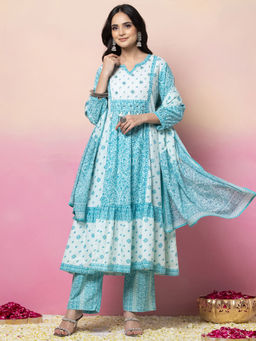 Indya - Blue Boota Print Cotton Kurta with Pant and Printed Dupatta (Set of 3)