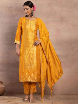 Indya - Hand Embroidered Jacquard Straight Kurta with Pant and Dupatta (Set of 3)