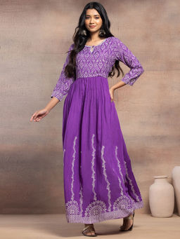 Indya - Purple Floral Print Embroidered Anarkali Kurta