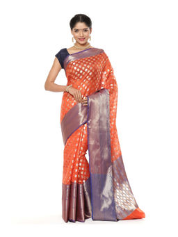 Banarasi Silk Works - Orange Zari Booti Blue Pattu Border Art Saree with Unstitched Blouse