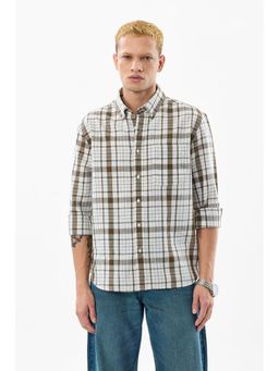 Snitch - White Plaid Full Sleeves Regular Casual Shirt for Men-Olive