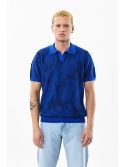 Snitch - Blue Self-Design Half Sleeves Regular Casual Polo T-Shirt for Men