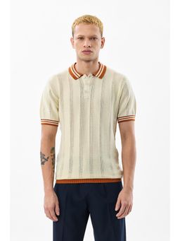 Snitch - Cream Self Desing Half Sleeves Regular Casual Polo T-Shirt for Men