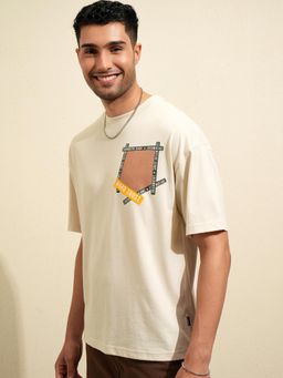 LOCOMOTIVE - Men Cream Drop Shoulder Crew Neck Half Sleeve T-Shirt