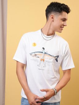 LOCOMOTIVE - Men White Crew Neck Half Sleeve Relaxed Drop Shoulder T- Shirt