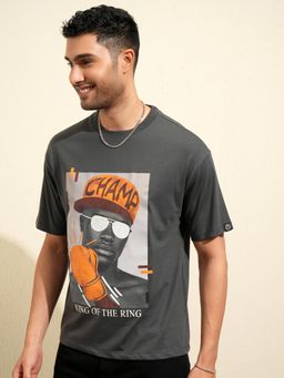 LOCOMOTIVE - Men Grey Crew Neck Relaxed Drop Shoulder T-Shirt