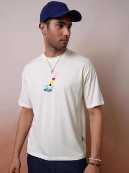 LOCOMOTIVE - Men Off White Crew Neck Half Sleeve Relaxed Drop Shoulder T- Shirt