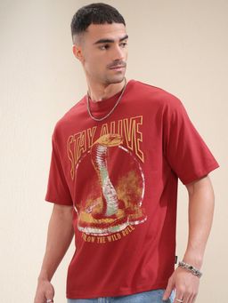 LOCOMOTIVE - Men Maroon Graphic Printed Crew Neck Relaxed Fit T-Shirt