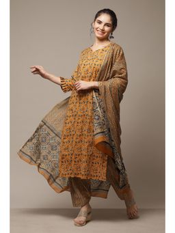 Biba - Mustard Cotton Unstitched Suit (Set of 3)