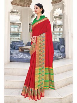 Sangam Prints - Red Khadi Silk Woven Work Traditional Saree with Unstitched Blouse