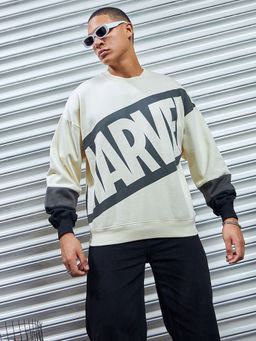 Bewakoof - Heavy Duty 1.0 Men's Gardenia Marvel Logo Typography Oversized Sweatshirt