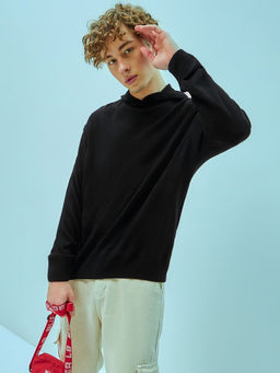 Bewakoof - Men's Black Oversized Flat Knit Hooded Sweater