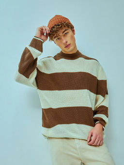 Bewakoof - Men's Brown Color Block Flat Knit Sweater