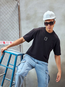Bewakoof - Heavy Duty 1.0 Men's Black Embroidered Oversized T-shirt