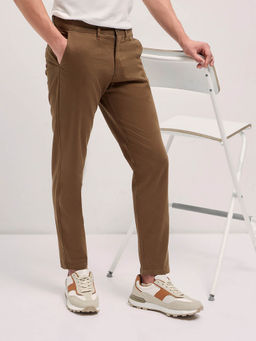 The Bear House - Mens Brown Slim Fit Solid Cotton Trouser