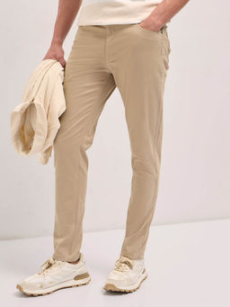 The Bear House - Mens Beige Slim Solid Cotton Trouser