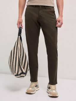 The Bear House - Mens Olive Slim Fit Solid Cotton Trouser