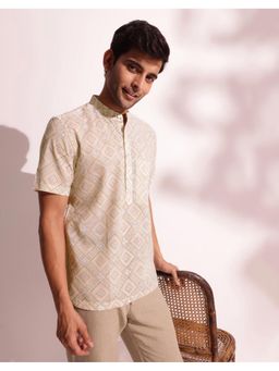 Fabindia - Cotton Printed Mid Placket Shirt Green and White