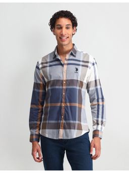 U.S. Polo Assn. Denim Co. - Checks Brown and Blue Full Sleeves Collar Neck Shirt