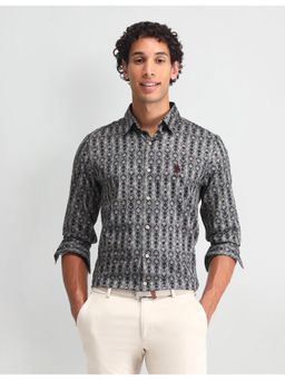 U.S. Polo Assn. Denim Co. - Geometric Grey and Blue Full Sleeves Collar Neck Shirt