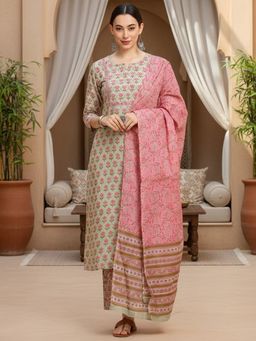 Vaamsi - Womens Cotton Printed Kurta Pant Dupatta Green (VKSKD1151 ) (Set of 3)