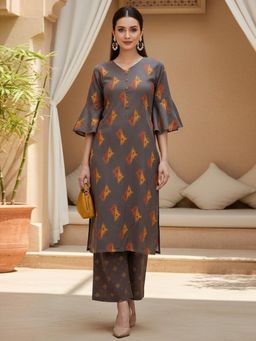 Vaamsi - Women Taupe Pure Cotton Printed Straight Kurta with Palazzo (Set of 2)