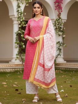 Vaamsi - Women Pink Polyester Printed Straight Kurta Palazzo with Dupatta (Set of 3)