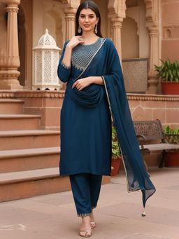 Vaamsi - Women Teal Silk Blend Yoke Design Straight Kurta Trouser with Dupatta (Set of 3)