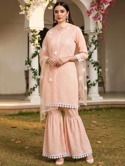 Vaamsi - Women Peach Poly Silk Embroidered Straight Kurta Sharara with Dupatta (Set of 3)