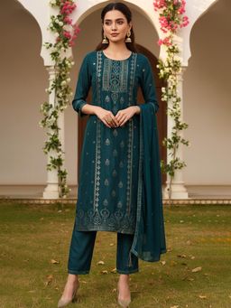 Vaamsi - Women Teal Ethnic Motifs Woven Design Straight Kurta Trouser with Dupatta (Set of 3)