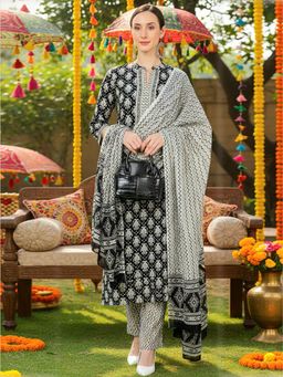 Vaamsi - Women Cotton Blend Printed Kurta Trousers with Dupatta (Set of 3)