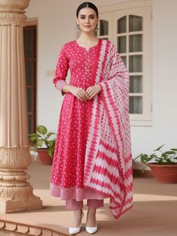 Vaamsi - Women Cotton Pink Printed Kurta Trouser with Dupatta (Set of 3)