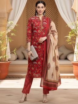 Vaamsi - Women Red Pure Cotton Floral Printed Straight Kurta Pants with Dupatta (Set of 3)
