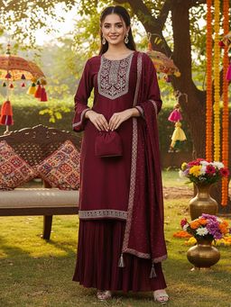 Vaamsi - Maroon Silk Blend Solid Yoke Design Straight Kurta Sharara with Dupatta (Set of 3)