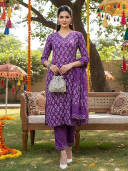 Vaamsi - Women Purple Rayon Blend Printed Regular Kurta with Pant and Dupatta (Set of 3)