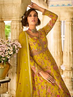 Vaamsi - Women Mustard Georgette Solid Embroidered Anarkali Gown With Dupatta