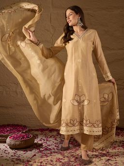 Vaamsi - Women Beige Chanderi Woven Design Straight Kurta With Pant & Dupatta