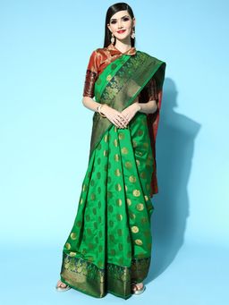 Odette - Silk Blend Green Woven Design Saree with Unstitched Blouse