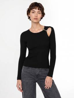ONLY - Women's Black Buckle Detail O-Neck Pullover Top