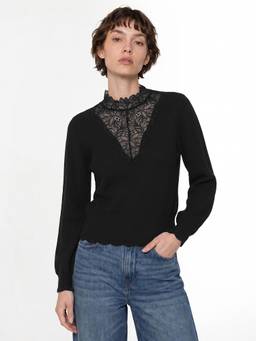 ONLY - Women's Black Lace High Neck Pullover Top