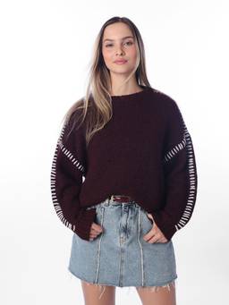 ONLY - Women's Maroon Contrast Stitch Sweater