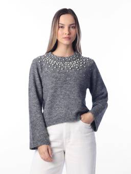 ONLY - Women's Pearl Embellished Pullover Sweater
