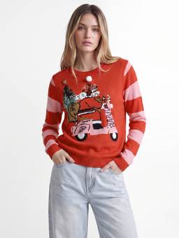 ONLY - Women's Santa Print O-Neck Pullover Sweater
